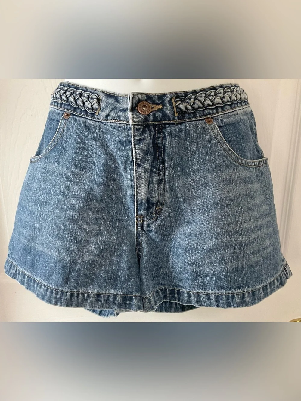Blue Denim Midi Shorts with Braided Waistband